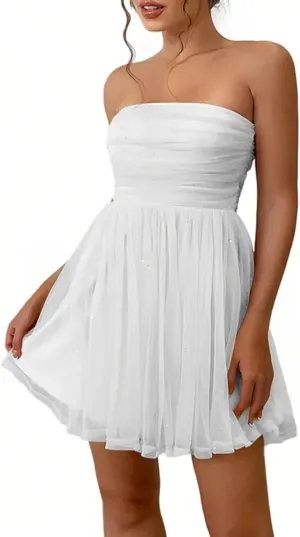 Women's Summer Cocktail Dress Ruched Mini Dress Elegant Strapless A-Line Midi Dress with Sparkling Tulle Overlay