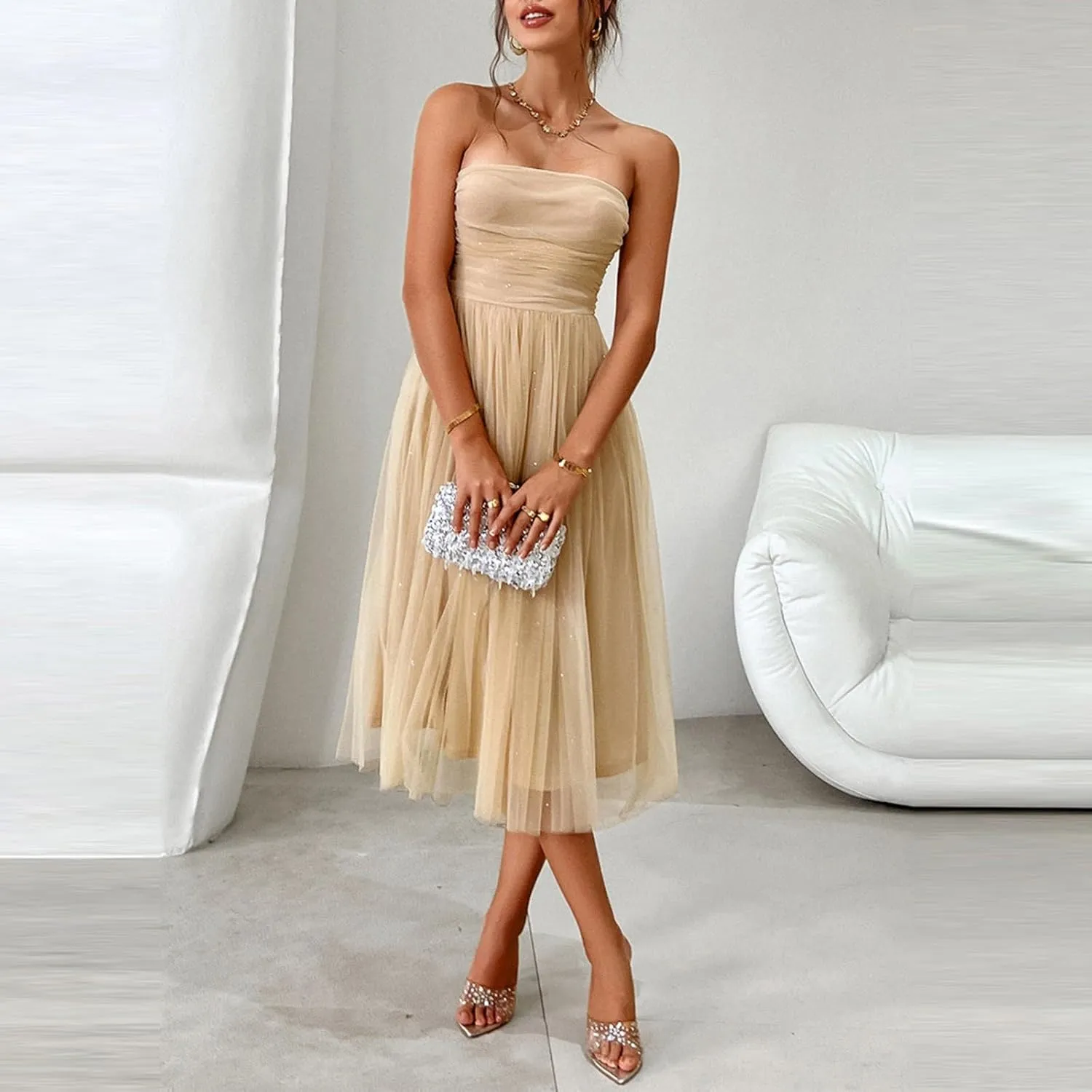 Women's Summer Cocktail Dress Ruched Mini Dress Elegant Strapless A-Line Midi Dress with Sparkling Tulle Overlay