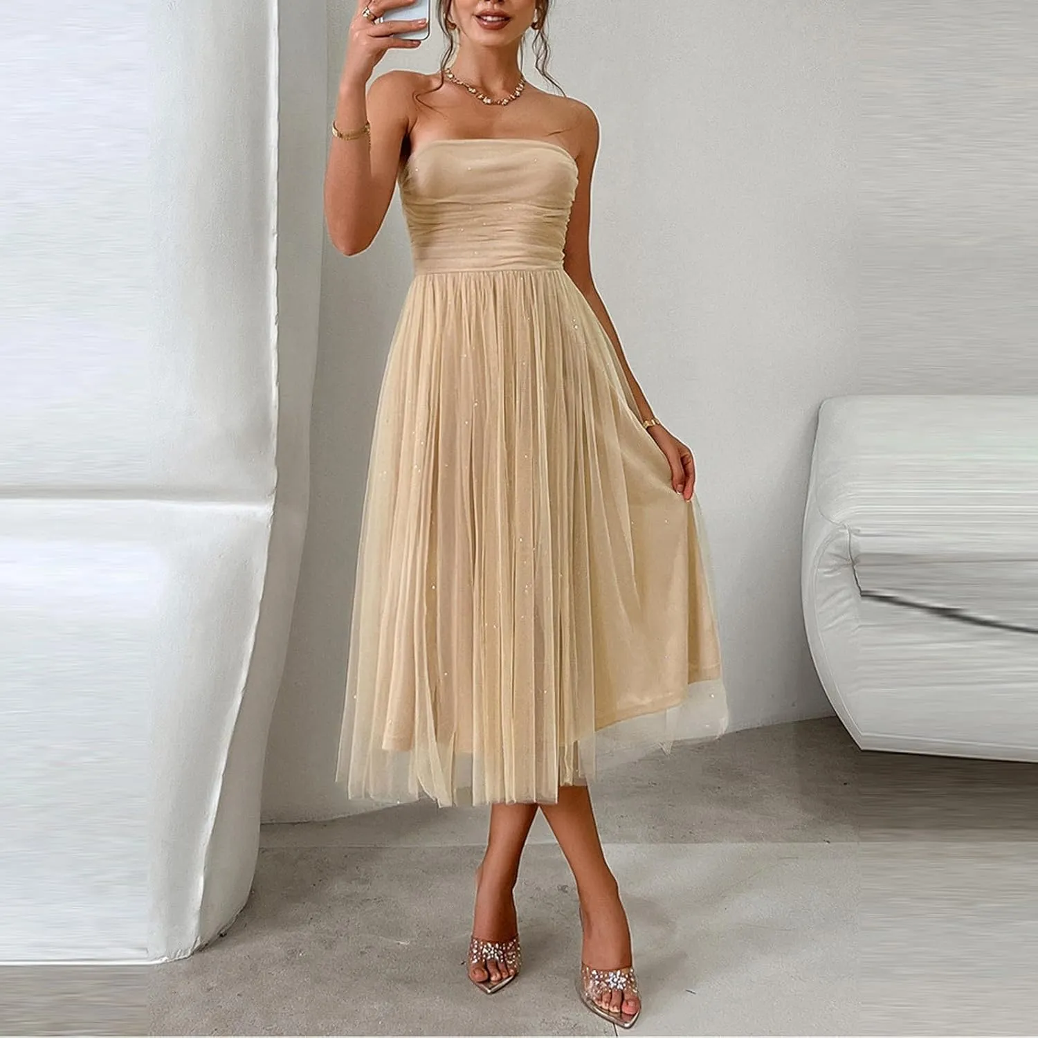 Women's Summer Cocktail Dress Ruched Mini Dress Elegant Strapless A-Line Midi Dress with Sparkling Tulle Overlay
