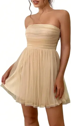 Women's Summer Cocktail Dress Ruched Mini Dress Elegant Strapless A-Line Midi Dress with Sparkling Tulle Overlay