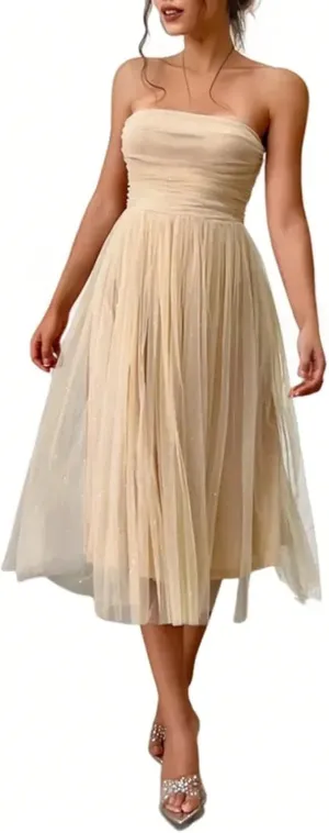 Women's Summer Cocktail Dress Ruched Mini Dress Elegant Strapless A-Line Midi Dress with Sparkling Tulle Overlay