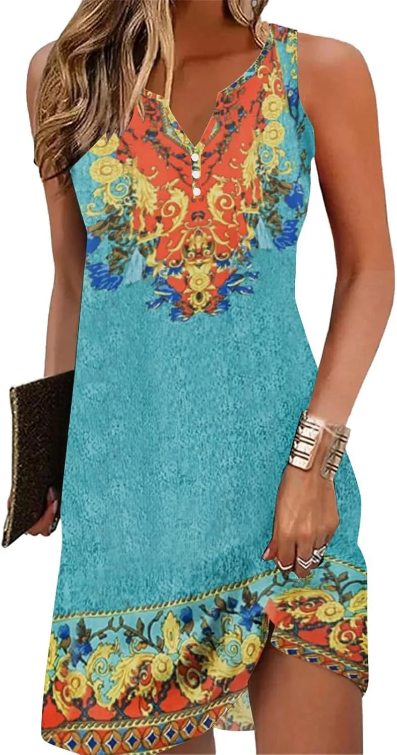 Womens Summer Dress 2024 Casual V Neck Sleeveless Fashion Boho Floral Beach Dress Sundress A-Line Dress