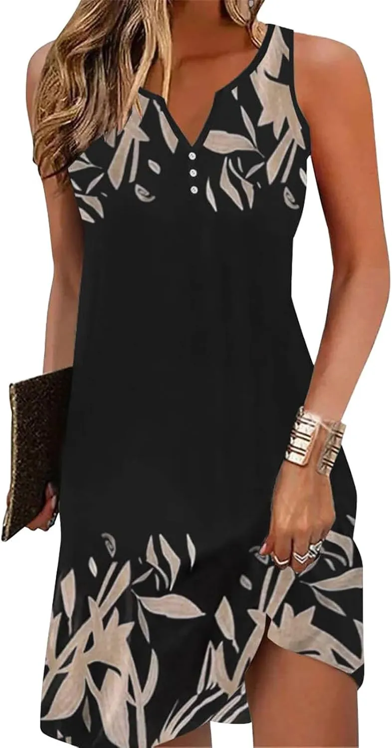 Womens Summer Dress 2024 Casual V Neck Sleeveless Fashion Boho Floral Beach Dress Sundress A-Line Dress