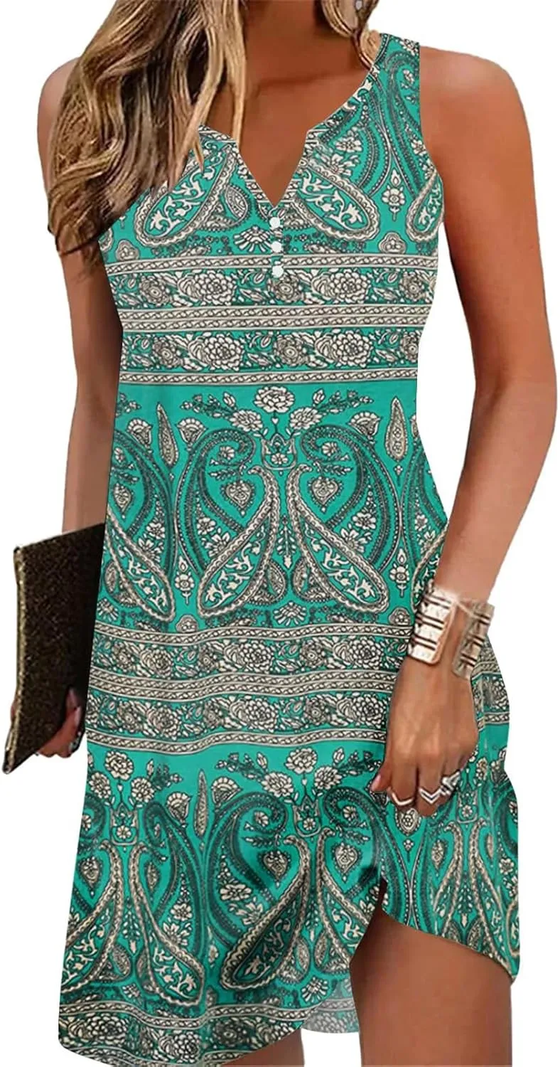 Womens Summer Dress 2024 Casual V Neck Sleeveless Fashion Boho Floral Beach Dress Sundress A-Line Dress