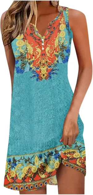 Womens Summer Dress 2024 Casual V Neck Sleeveless Fashion Boho Floral Beach Dress Sundress A-Line Dress