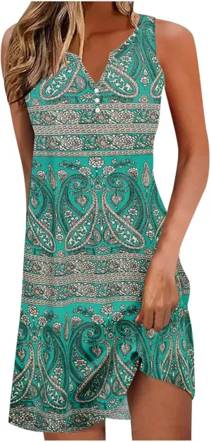 Womens Summer Dress 2024 Casual V Neck Sleeveless Fashion Boho Floral Beach Dress Sundress A-Line Dress