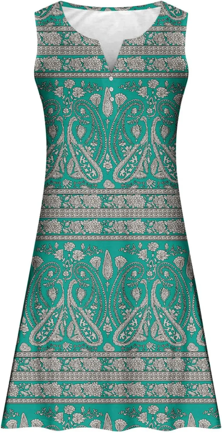 Womens Summer Dress 2024 Casual V Neck Sleeveless Fashion Boho Floral Beach Dress Sundress A-Line Dress