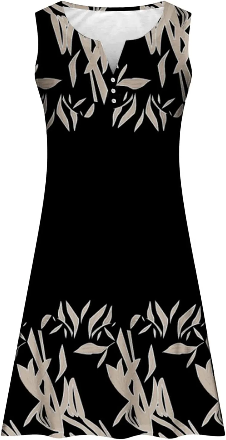Womens Summer Dress 2024 Casual V Neck Sleeveless Fashion Boho Floral Beach Dress Sundress A-Line Dress