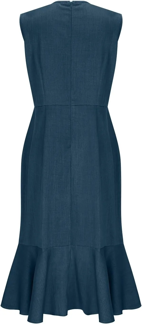 Womens Summer Dress Sleeveless V Neck Ruffle Hem Midi Dresses Casual Trendy Slim Waist Flowy Beach Vacation Sundress