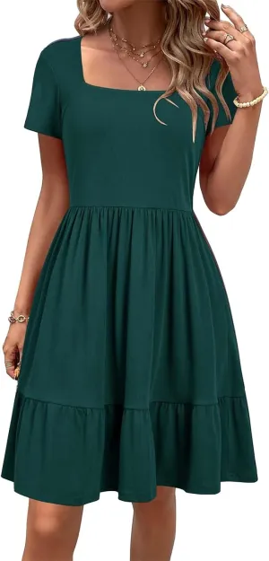 Womens Summer Dress Square Neck Short Sleeve Babydoll Dress A-Line Ruffle Beach Sundress Outfits