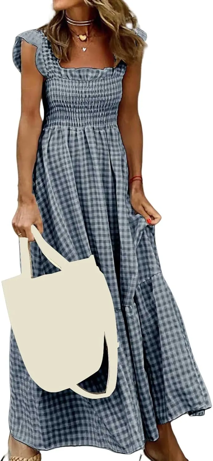 Womens Summer Dress Square Neck Smocked Boho Dresses A Line Casual Beach Dress Ruffle A Line Long Flowy Sundress