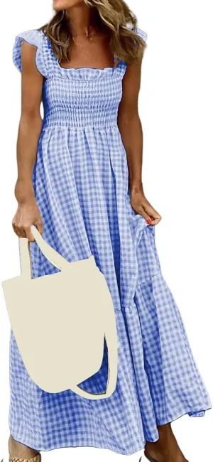 Womens Summer Dress Square Neck Smocked Boho Dresses A Line Casual Beach Dress Ruffle A Line Long Flowy Sundress