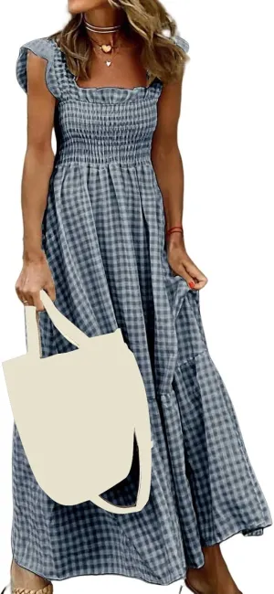 Womens Summer Dress Square Neck Smocked Boho Dresses A Line Casual Beach Dress Ruffle A Line Long Flowy Sundress