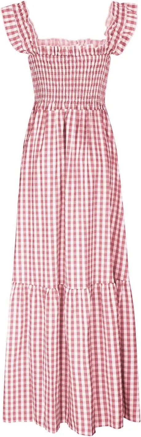 Womens Summer Dress Square Neck Smocked Boho Dresses A Line Casual Beach Dress Ruffle A Line Long Flowy Sundress