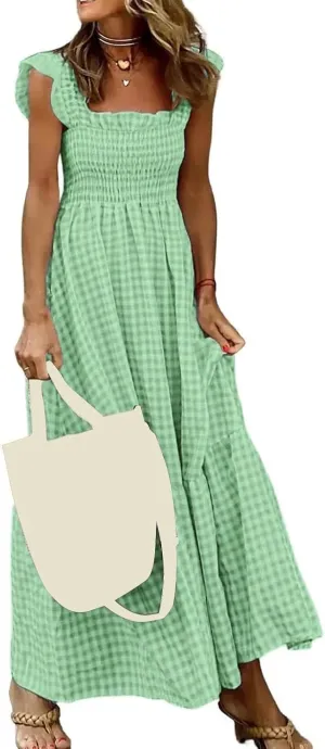 Womens Summer Dress Square Neck Smocked Boho Dresses A Line Casual Beach Dress Ruffle A Line Long Flowy Sundress