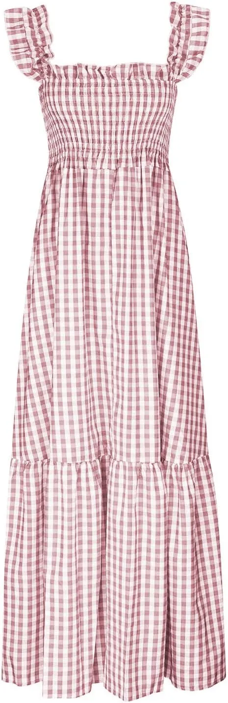 Womens Summer Dress Square Neck Smocked Boho Dresses A Line Casual Beach Dress Ruffle A Line Long Flowy Sundress