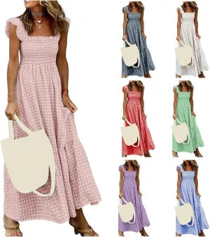 Womens Summer Dress Square Neck Smocked Boho Dresses A Line Casual Beach Dress Ruffle A Line Long Flowy Sundress