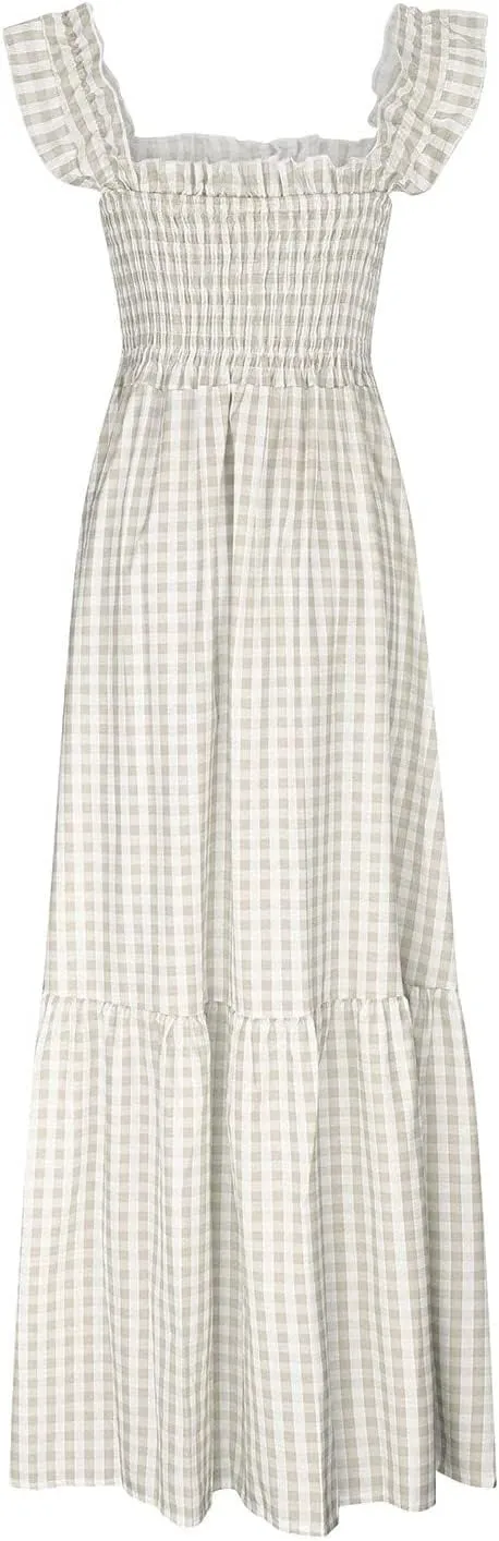Womens Summer Dress Square Neck Smocked Boho Dresses A Line Casual Beach Dress Ruffle A Line Long Flowy Sundress