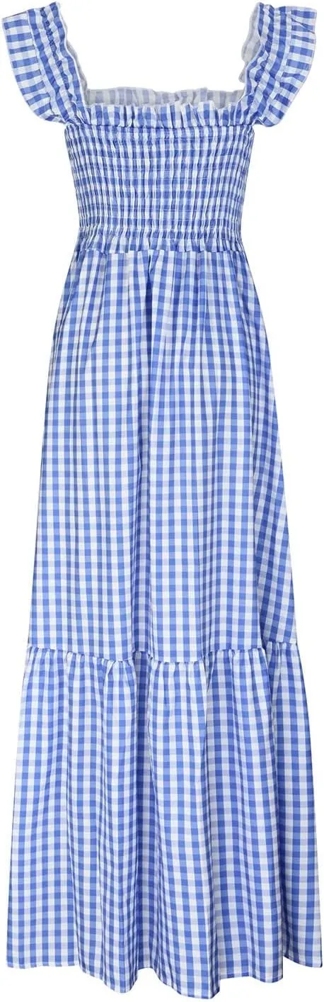 Womens Summer Dress Square Neck Smocked Boho Dresses A Line Casual Beach Dress Ruffle A Line Long Flowy Sundress