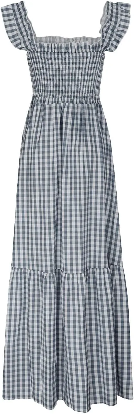 Womens Summer Dress Square Neck Smocked Boho Dresses A Line Casual Beach Dress Ruffle A Line Long Flowy Sundress