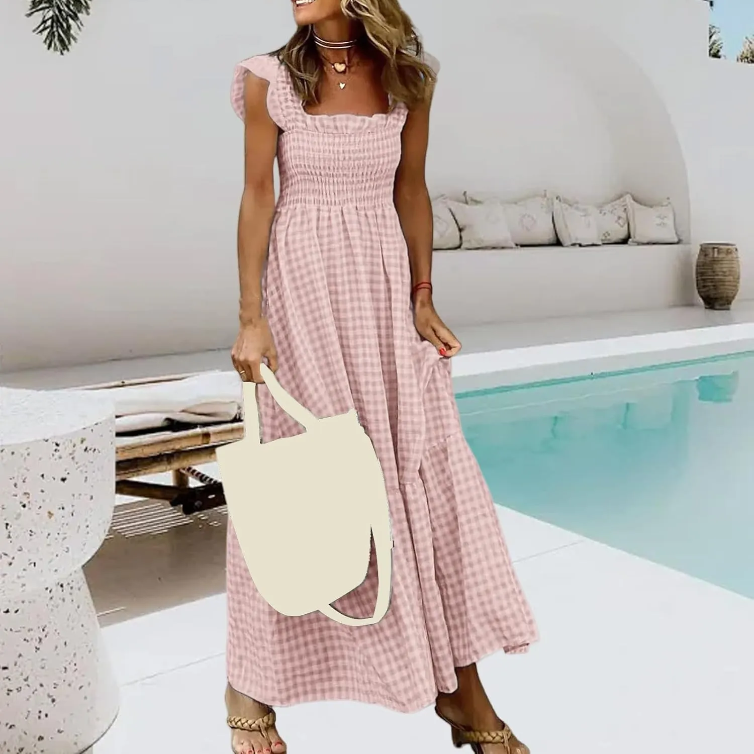 Womens Summer Dress Square Neck Smocked Boho Dresses A Line Casual Beach Dress Ruffle A Line Long Flowy Sundress