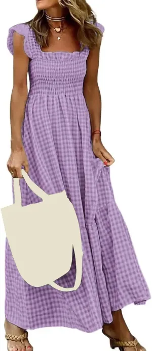 Womens Summer Dress Square Neck Smocked Boho Dresses A Line Casual Beach Dress Ruffle A Line Long Flowy Sundress