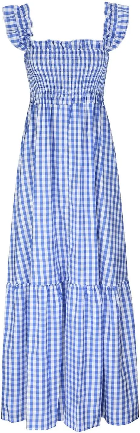 Womens Summer Dress Square Neck Smocked Boho Dresses A Line Casual Beach Dress Ruffle A Line Long Flowy Sundress