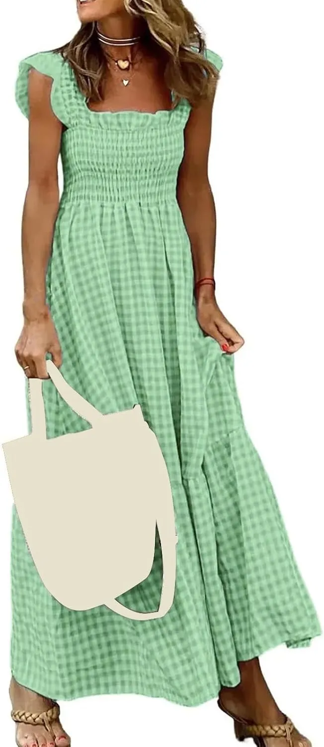 Womens Summer Dress Square Neck Smocked Boho Dresses A Line Casual Beach Dress Ruffle A Line Long Flowy Sundress