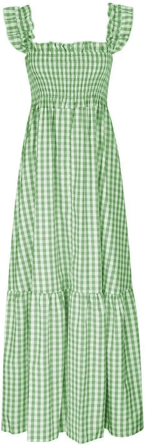 Womens Summer Dress Square Neck Smocked Boho Dresses A Line Casual Beach Dress Ruffle A Line Long Flowy Sundress