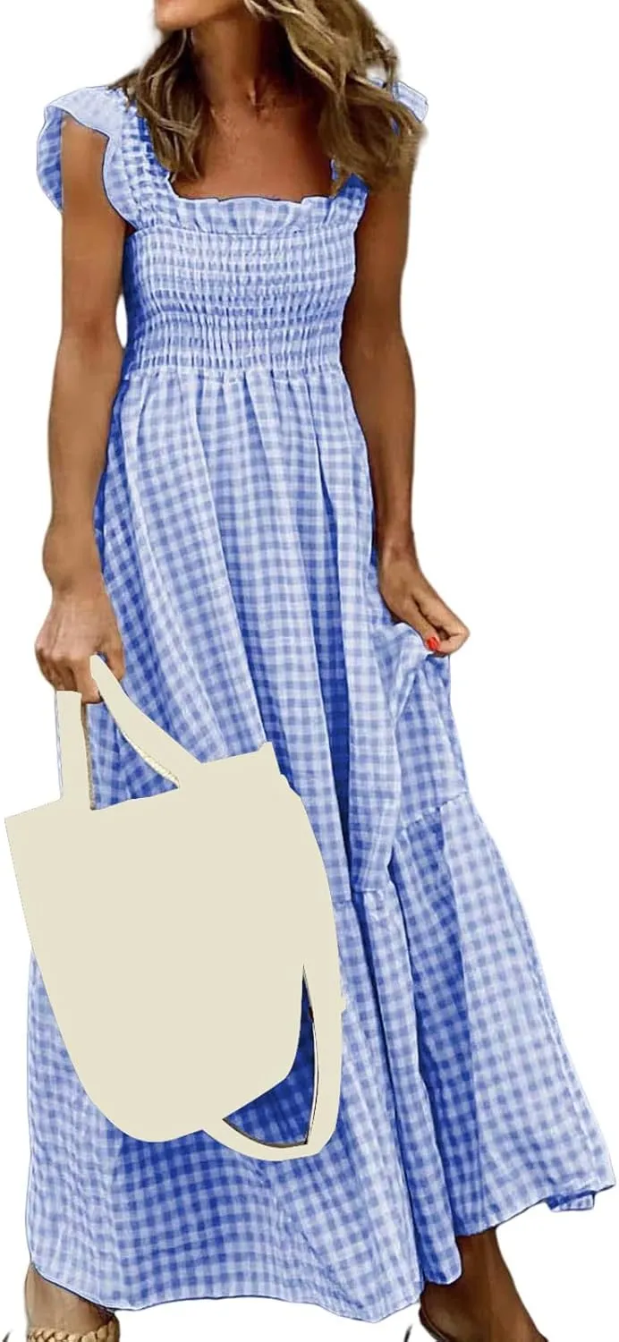 Womens Summer Dress Square Neck Smocked Boho Dresses A Line Casual Beach Dress Ruffle A Line Long Flowy Sundress