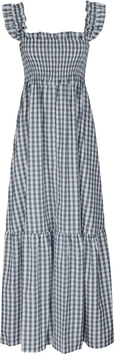 Womens Summer Dress Square Neck Smocked Boho Dresses A Line Casual Beach Dress Ruffle A Line Long Flowy Sundress