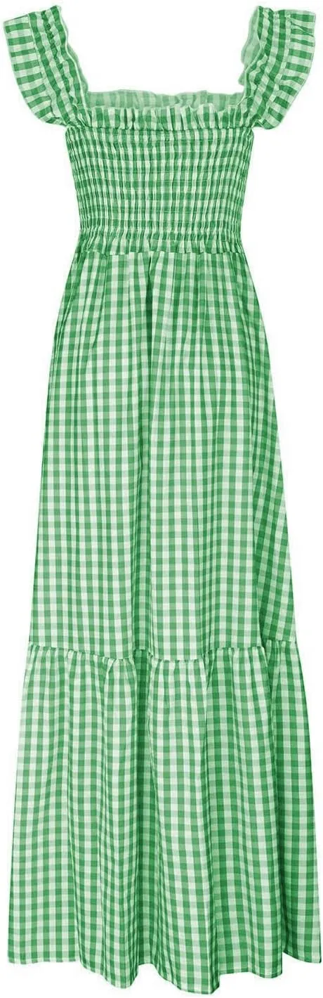 Womens Summer Dress Square Neck Smocked Boho Dresses A Line Casual Beach Dress Ruffle A Line Long Flowy Sundress