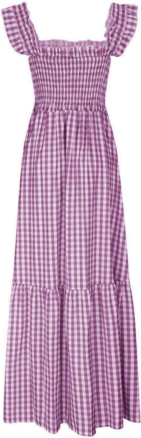 Womens Summer Dress Square Neck Smocked Boho Dresses A Line Casual Beach Dress Ruffle A Line Long Flowy Sundress