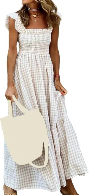 Womens Summer Dress Square Neck Smocked Boho Dresses A Line Casual Beach Dress Ruffle A Line Long Flowy Sundress