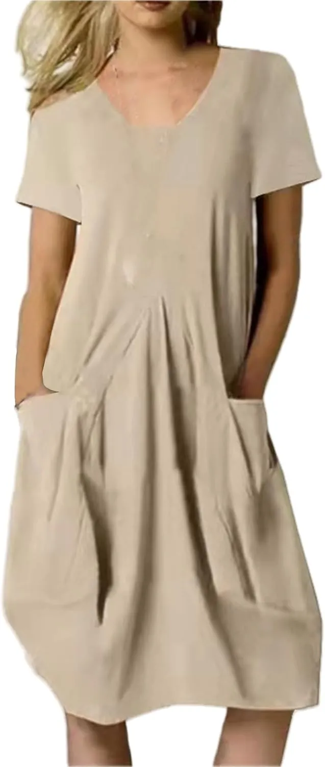 Womens Summer Dresses Casual Sundresses Linen Short Sleeve T-Shirt Dress Loose Fit Crewneck Midi Dresses with Pockets