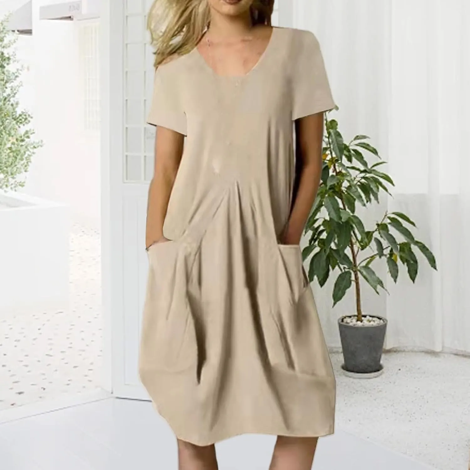 Womens Summer Dresses Casual Sundresses Linen Short Sleeve T-Shirt Dress Loose Fit Crewneck Midi Dresses with Pockets
