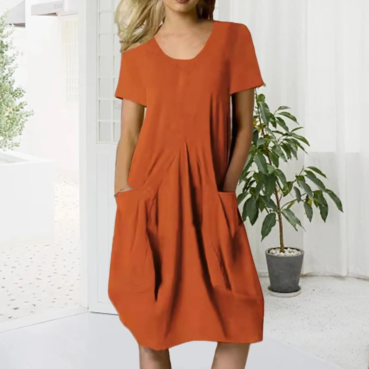 Womens Summer Dresses Casual Sundresses Linen Short Sleeve T-Shirt Dress Loose Fit Crewneck Midi Dresses with Pockets