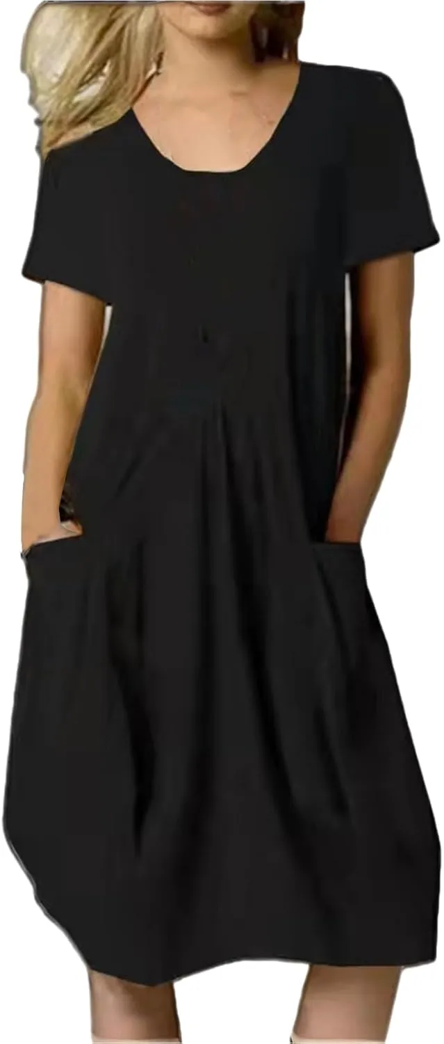 Womens Summer Dresses Casual Sundresses Linen Short Sleeve T-Shirt Dress Loose Fit Crewneck Midi Dresses with Pockets