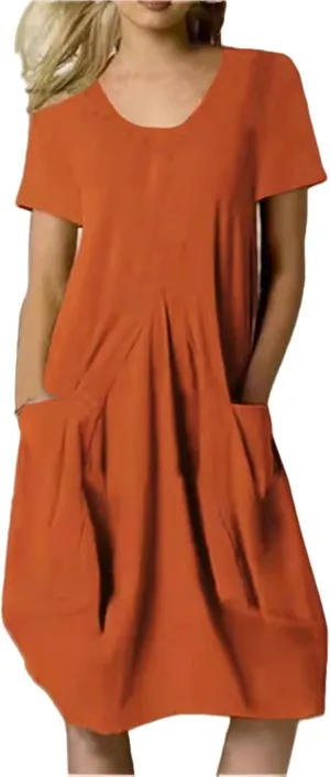 Womens Summer Dresses Casual Sundresses Linen Short Sleeve T-Shirt Dress Loose Fit Crewneck Midi Dresses with Pockets