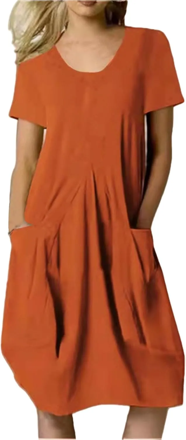 Womens Summer Dresses Casual Sundresses Linen Short Sleeve T-Shirt Dress Loose Fit Crewneck Midi Dresses with Pockets