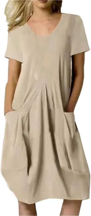 Womens Summer Dresses Casual Sundresses Linen Short Sleeve T-Shirt Dress Loose Fit Crewneck Midi Dresses with Pockets