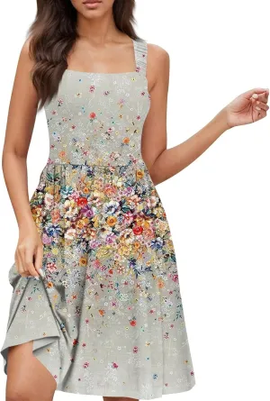 Womens Summer Dresses Flowy Sundresses Beach Prited Sleeveless Mini Dress Loose Tshirt Tank Dresses with Pockets