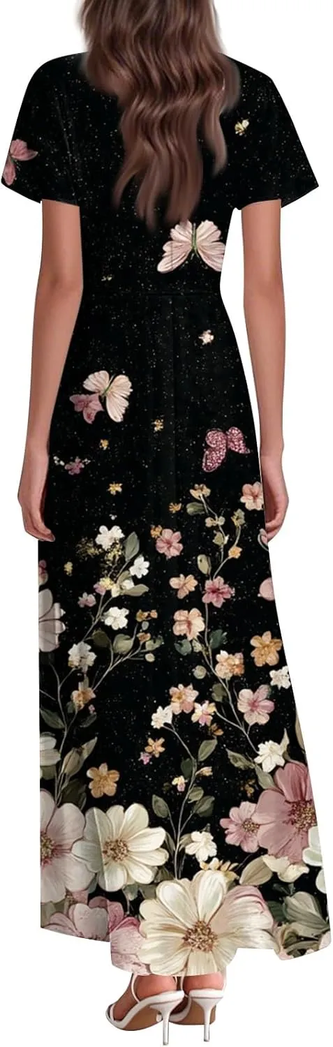 Womens Summer Dresses High Waist Floral Print Short Sleeve V Neck Flowy Party Bohemian Dress