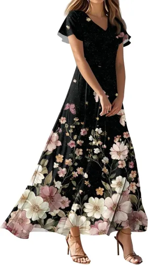 Womens Summer Dresses High Waist Floral Print Short Sleeve V Neck Flowy Party Bohemian Dress