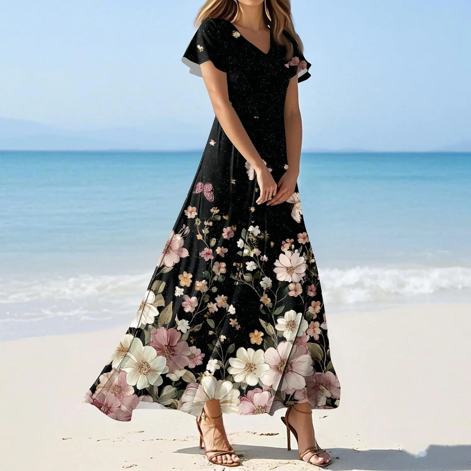 Womens Summer Dresses High Waist Floral Print Short Sleeve V Neck Flowy Party Bohemian Dress