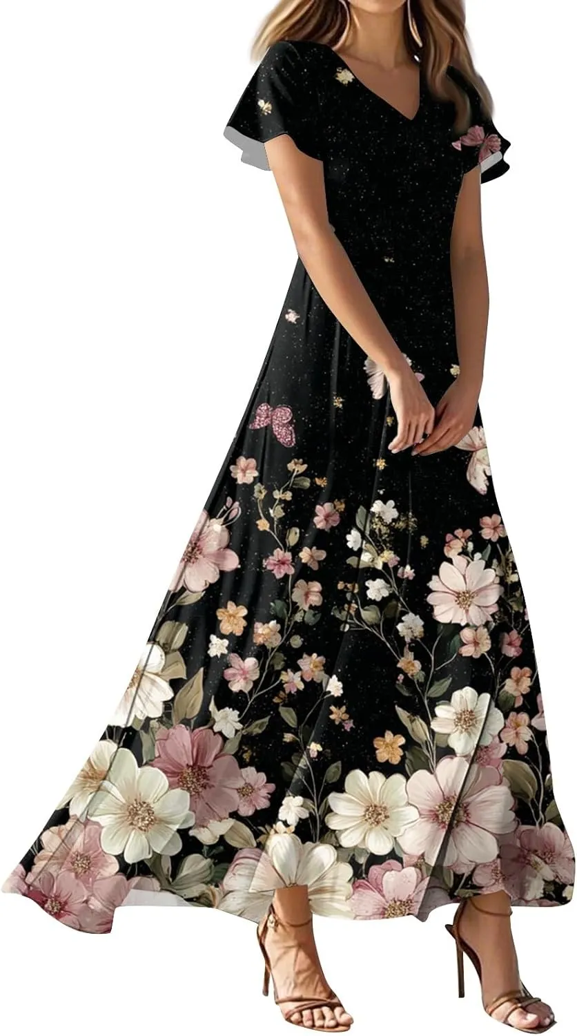 Womens Summer Dresses High Waist Floral Print Short Sleeve V Neck Flowy Party Bohemian Dress