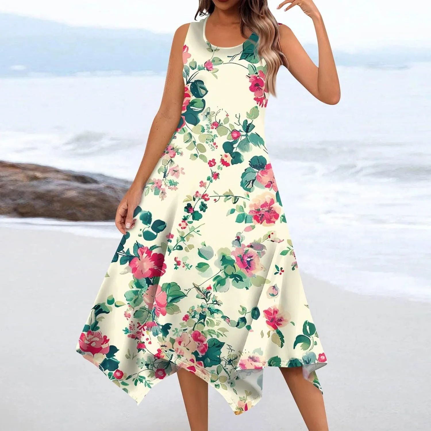 Womens Summer Dresses Summer Casual Floral Sleeveless Dress Flowy Hankerchief Hem Sundresses Beach Midi Tank Dresses