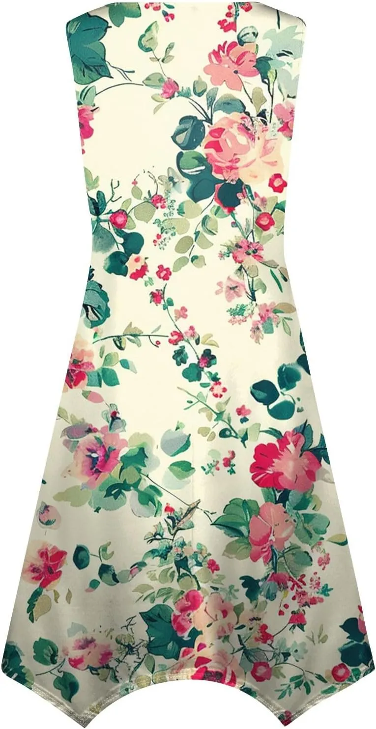 Womens Summer Dresses Summer Casual Floral Sleeveless Dress Flowy Hankerchief Hem Sundresses Beach Midi Tank Dresses