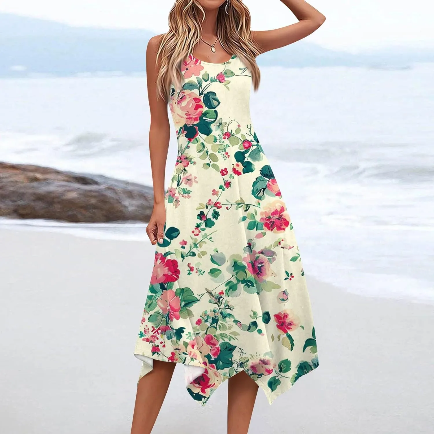 Womens Summer Dresses Summer Casual Floral Sleeveless Dress Flowy Hankerchief Hem Sundresses Beach Midi Tank Dresses