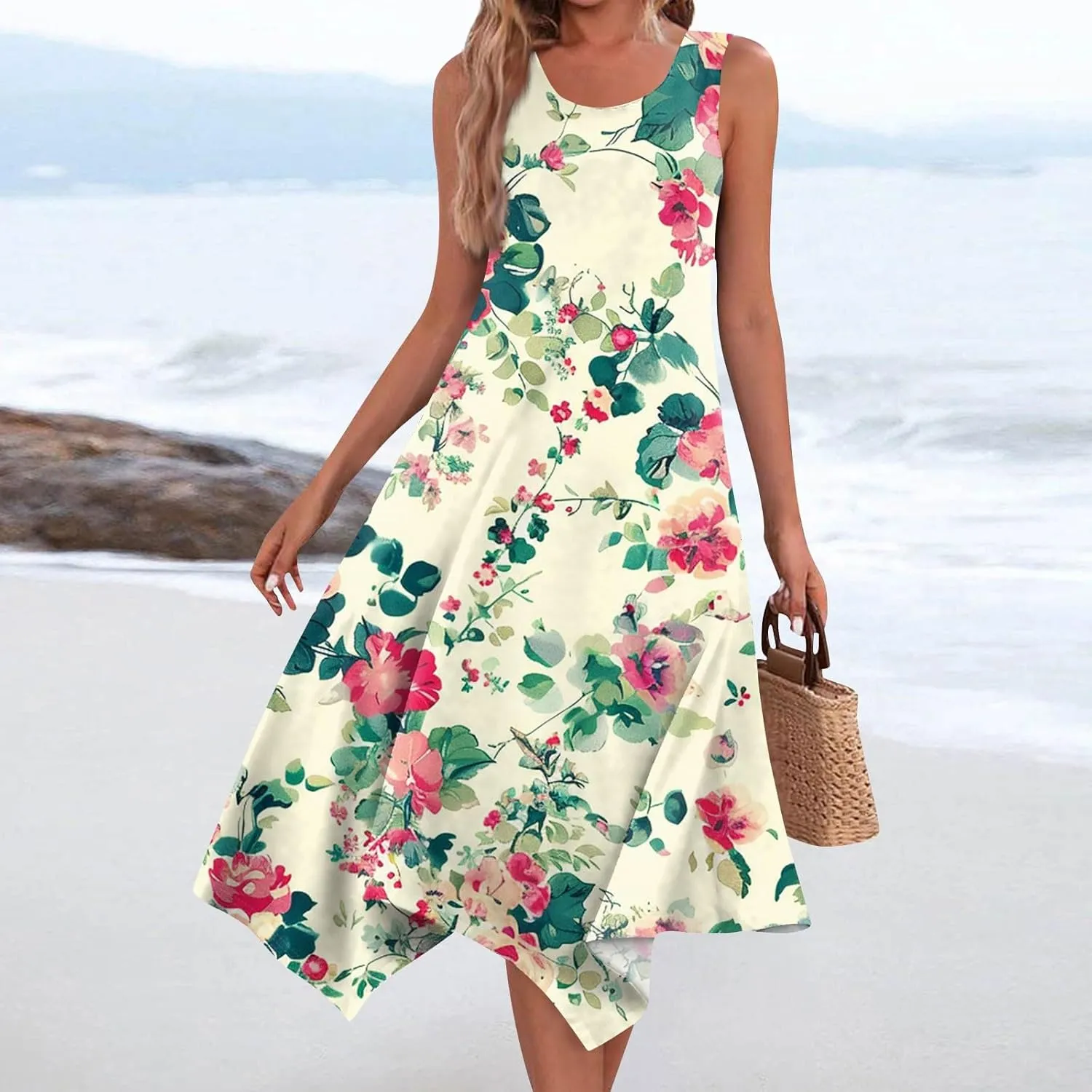Womens Summer Dresses Summer Casual Floral Sleeveless Dress Flowy Hankerchief Hem Sundresses Beach Midi Tank Dresses
